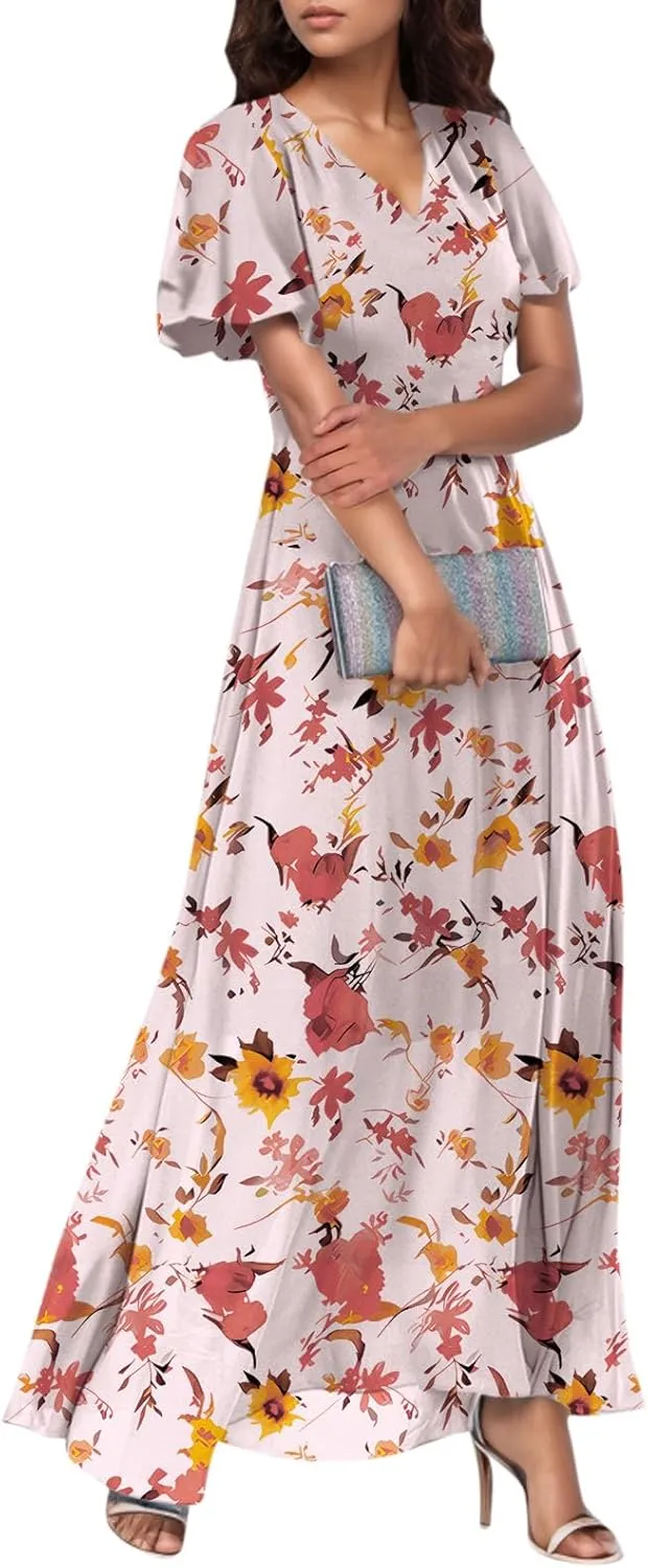 Womens Dresses Swing Maxi Dresses for Women Swing Flowy Ruffle Hem Ruffle Short Sleeve Womens