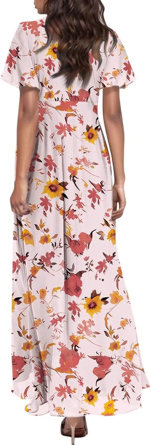 Womens Dresses Swing Maxi Dresses for Women Swing Flowy Ruffle Hem Ruffle Short Sleeve Womens