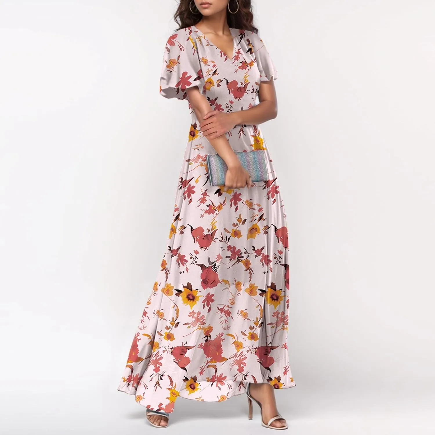 Womens Dresses Swing Maxi Dresses for Women Swing Flowy Ruffle Hem Ruffle Short Sleeve Womens