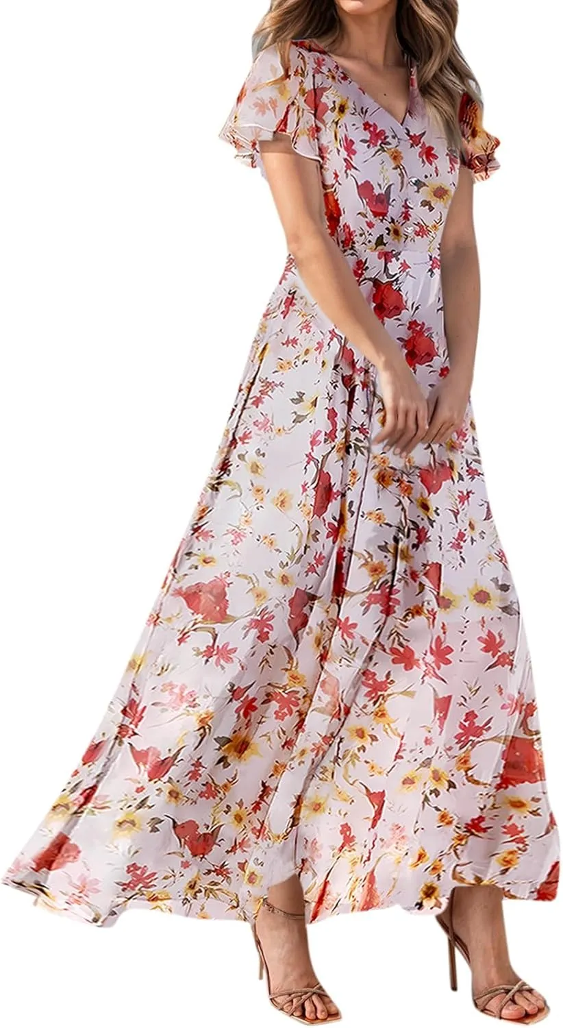 Womens Dresses Swing Maxi Dresses for Women Swing Flowy Ruffle Hem Ruffle Short Sleeve Womens