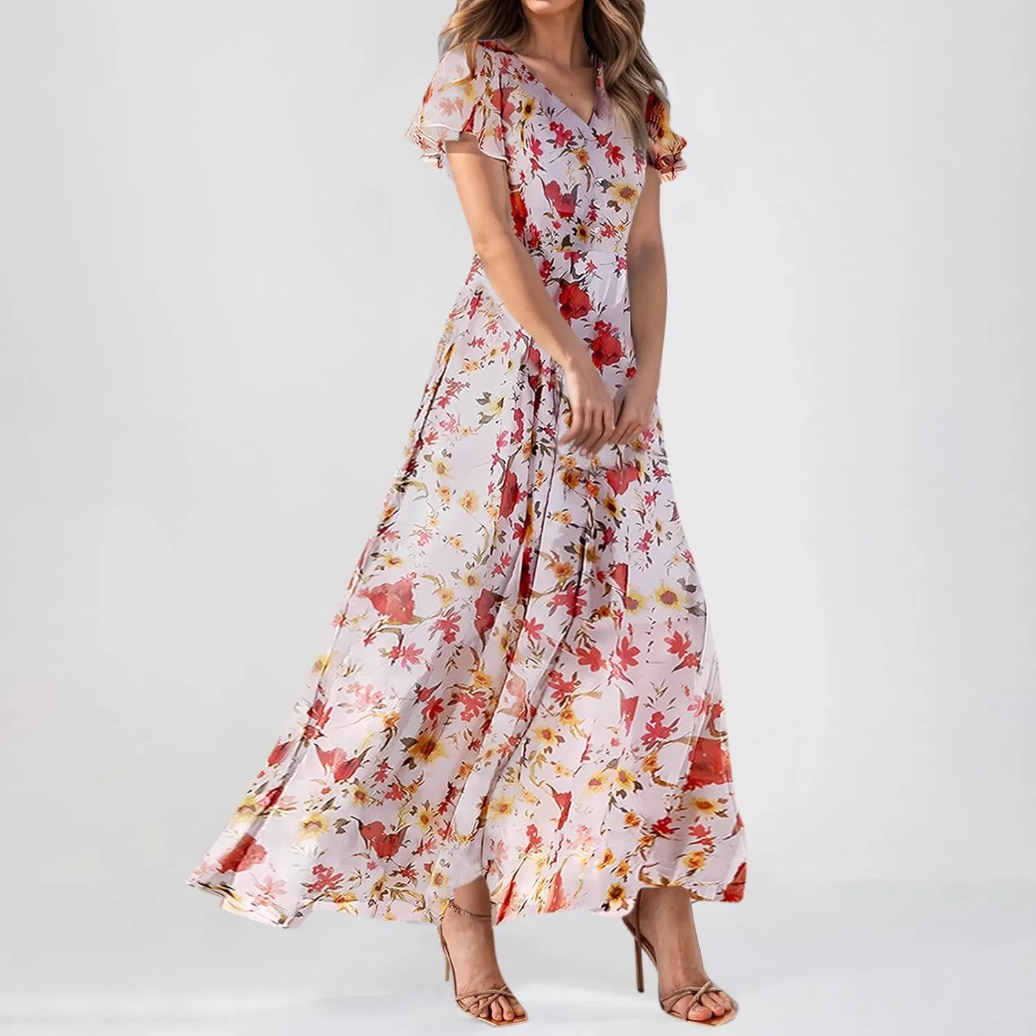 Womens Dresses Swing Maxi Dresses for Women Swing Flowy Ruffle Hem Ruffle Short Sleeve Womens