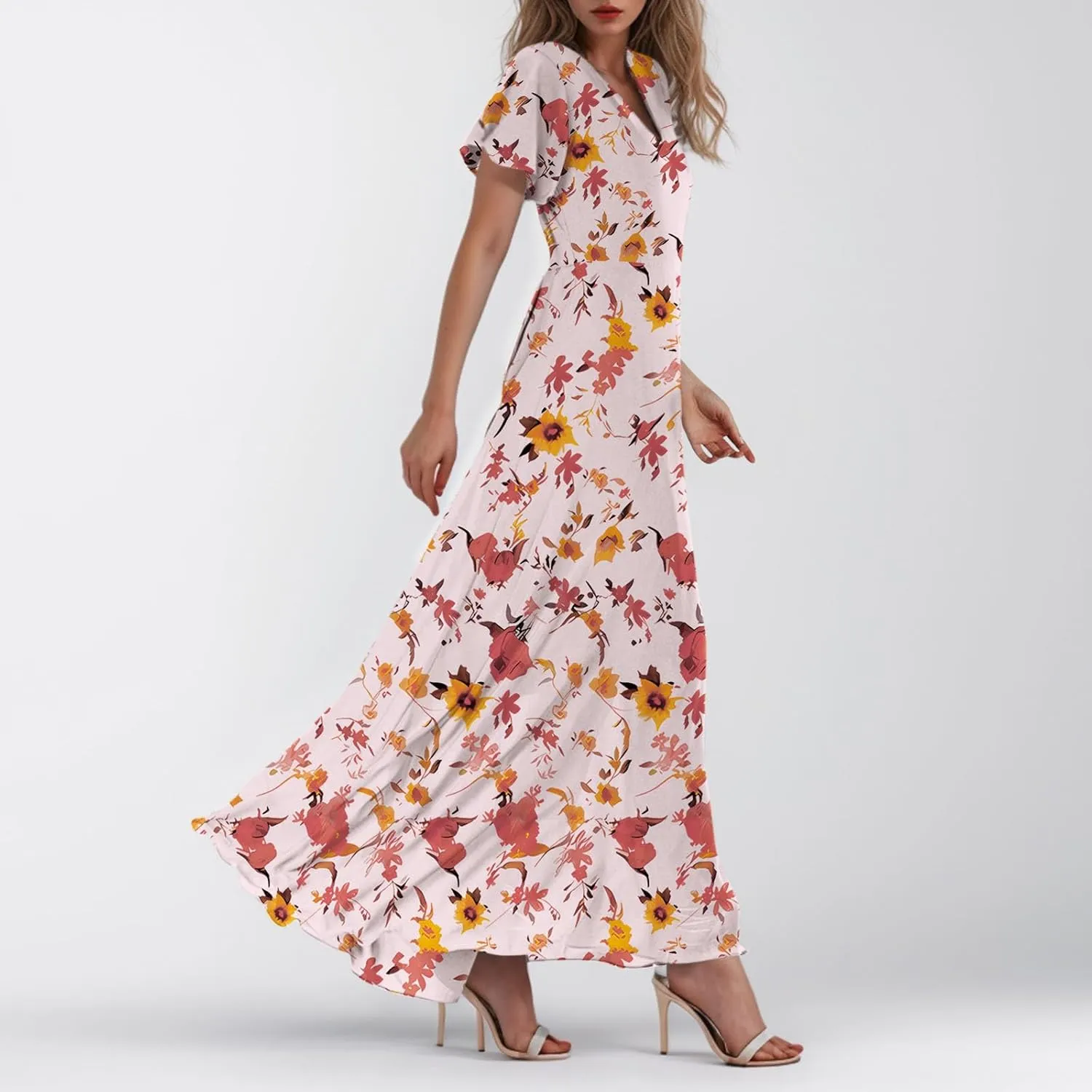 Womens Dresses Swing Maxi Dresses for Women Swing Flowy Ruffle Hem Ruffle Short Sleeve Womens