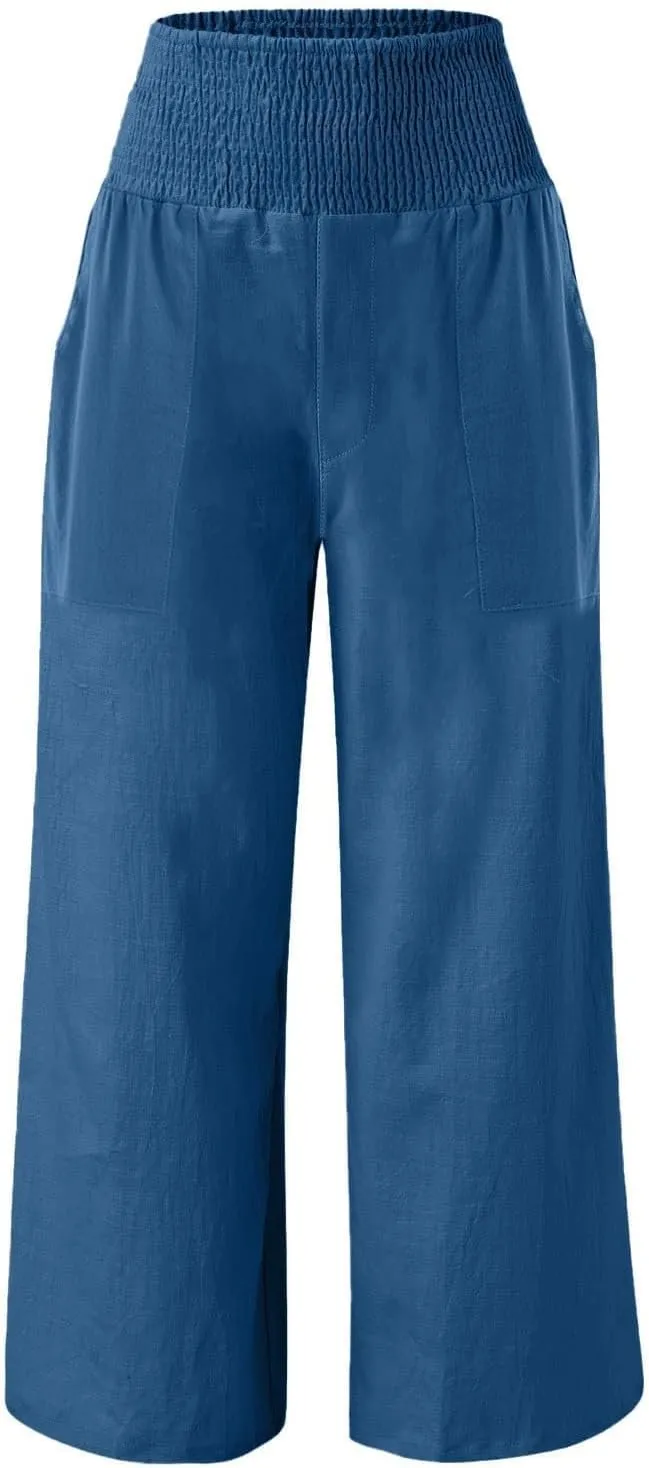Womens Elastic High Waisted Palazzo Pants Casual Wide Leg Smock Lounge Pant Solid Beach Trousers with Pocket