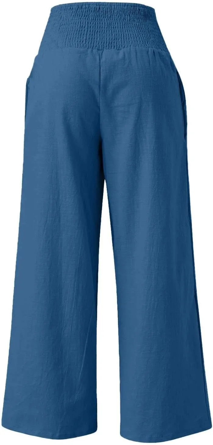 Womens Elastic High Waisted Palazzo Pants Casual Wide Leg Smock Lounge Pant Solid Beach Trousers with Pocket