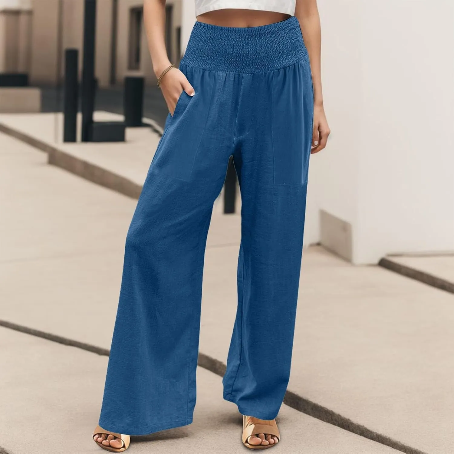 Womens Elastic High Waisted Palazzo Pants Casual Wide Leg Smock Lounge Pant Solid Beach Trousers with Pocket
