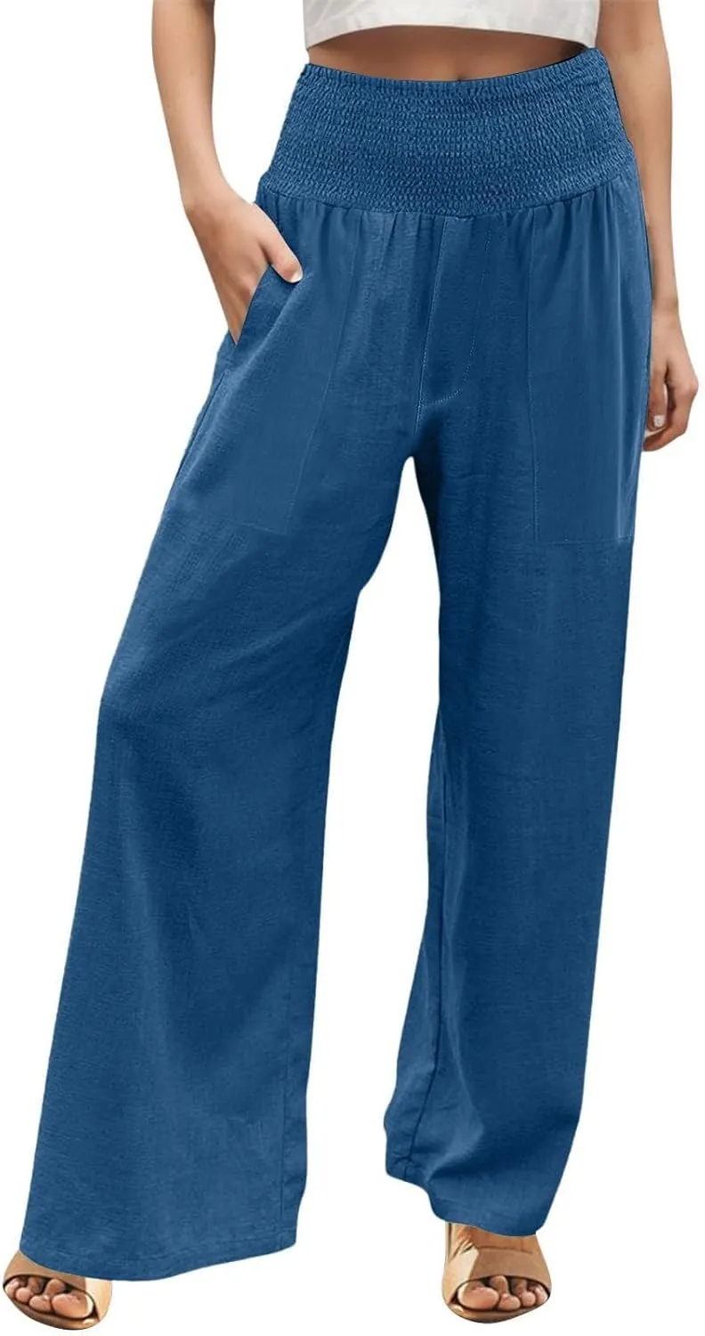 Womens Elastic High Waisted Palazzo Pants Casual Wide Leg Smock Lounge Pant Solid Beach Trousers with Pocket