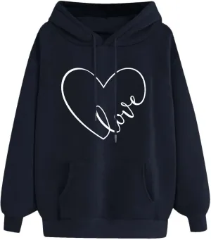 Women's Fashion Hoodies & Sweatshirts Long Sleeve Heart Graphic Tee Shirts Causal Drawstring Hoodies Vacation Outfits