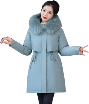 Women's Fleece Liner Warm Puffer Down Jackets Fur Collar Hooded Slim Fit Cotton Padded Jacket Waterproof Outwear