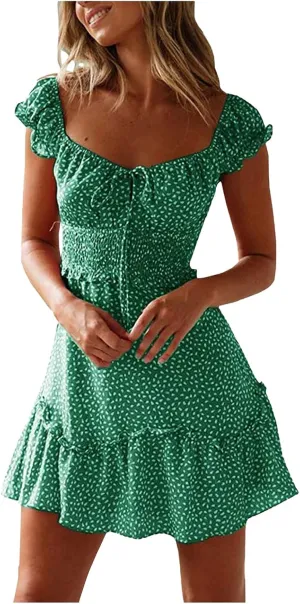 Women's Floral Smocked Tiered Ruffle Dress Pleated High Waist Sweetheart Neckline Mini Dresses Short Sundress