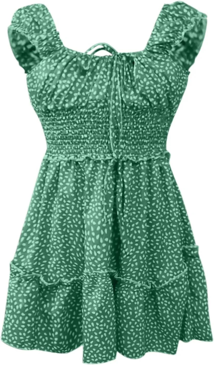 Women's Floral Smocked Tiered Ruffle Dress Pleated High Waist Sweetheart Neckline Mini Dresses Short Sundress