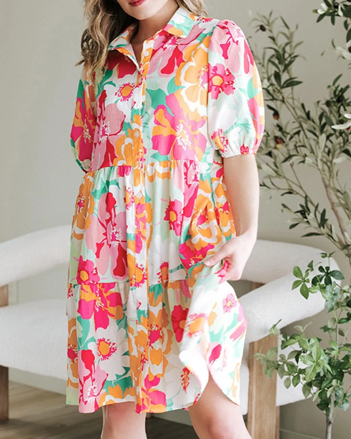 Womens Floral Tiered Puff Sleeve Mini Dress Collar Button Down Dress Summer High Waist Babydoll Vacation Sundress