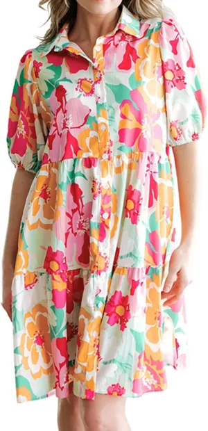Womens Floral Tiered Puff Sleeve Mini Dress Collar Button Down Dress Summer High Waist Babydoll Vacation Sundress