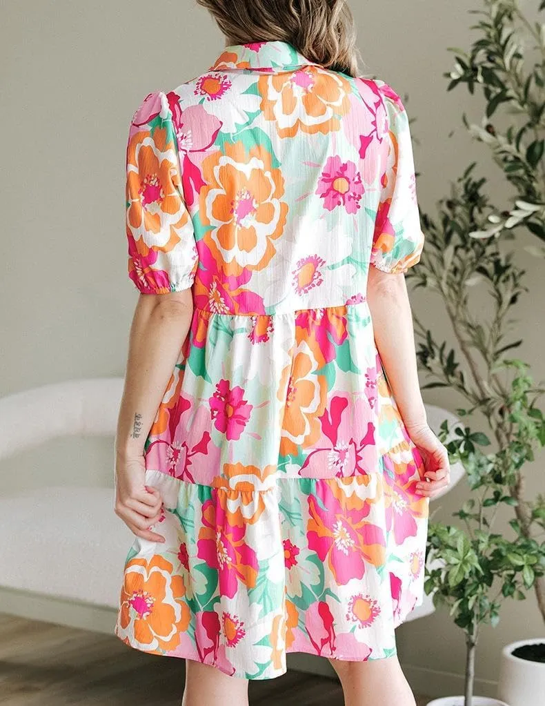 Womens Floral Tiered Puff Sleeve Mini Dress Collar Button Down Dress Summer High Waist Babydoll Vacation Sundress