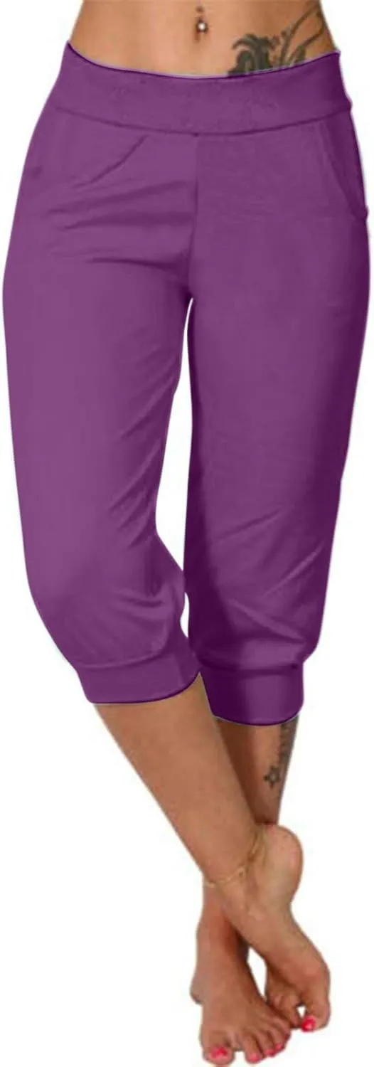 Womens Leggings High Waist Capri Pants Casual Comfy Yoga Corp Trousers Exercise Workout Soft Capris with Pockets