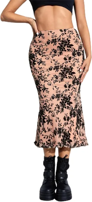 Women's Lettuce Trim High Waist Mesh Fishtail Bodycon Long Skirt Ditsy Floral Bohemia Mermaid Midi Skirt