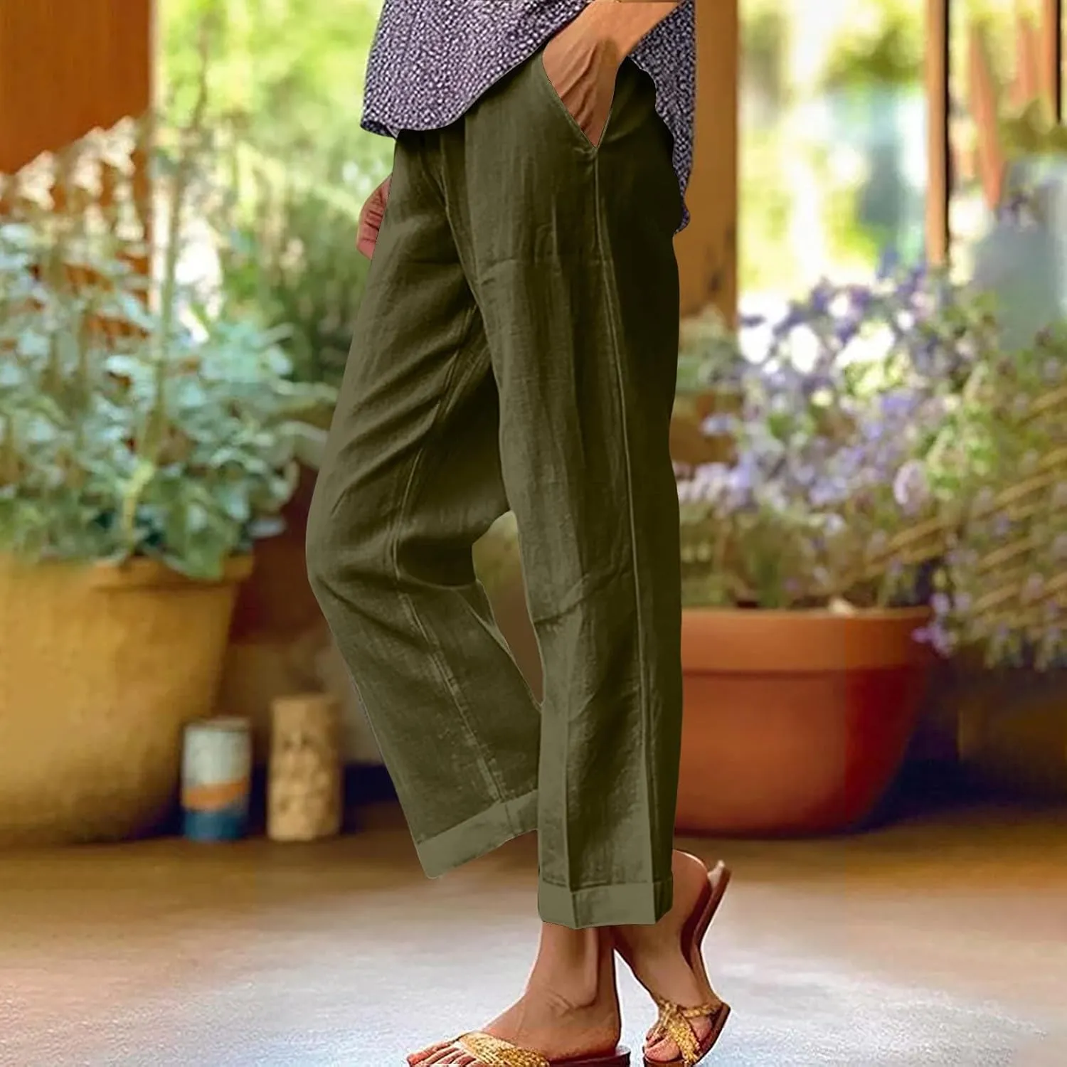 Womens Linen Pants Casual Lightweight Elastic Waist Pants Summer Wide Leg Work Pant Loose Beach Trousers with Pockets