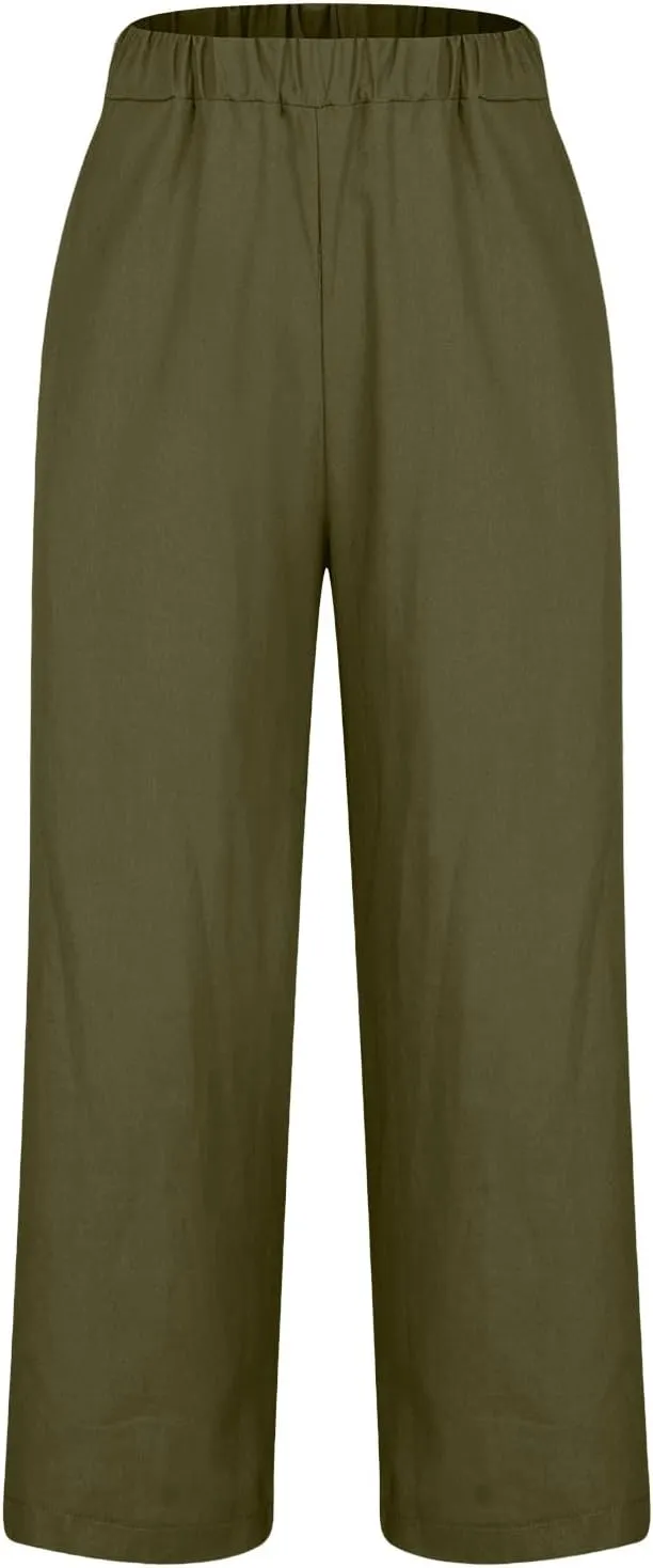 Womens Linen Pants Casual Lightweight Elastic Waist Pants Summer Wide Leg Work Pant Loose Beach Trousers with Pockets
