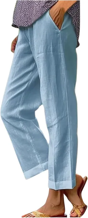 Womens Linen Pants Casual Lightweight Elastic Waist Pants Summer Wide Leg Work Pant Loose Beach Trousers with Pockets