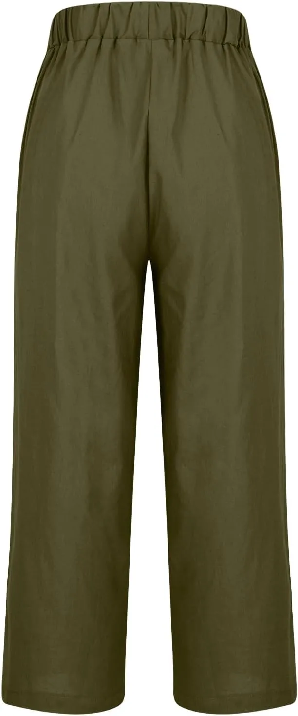 Womens Linen Pants Casual Lightweight Elastic Waist Pants Summer Wide Leg Work Pant Loose Beach Trousers with Pockets