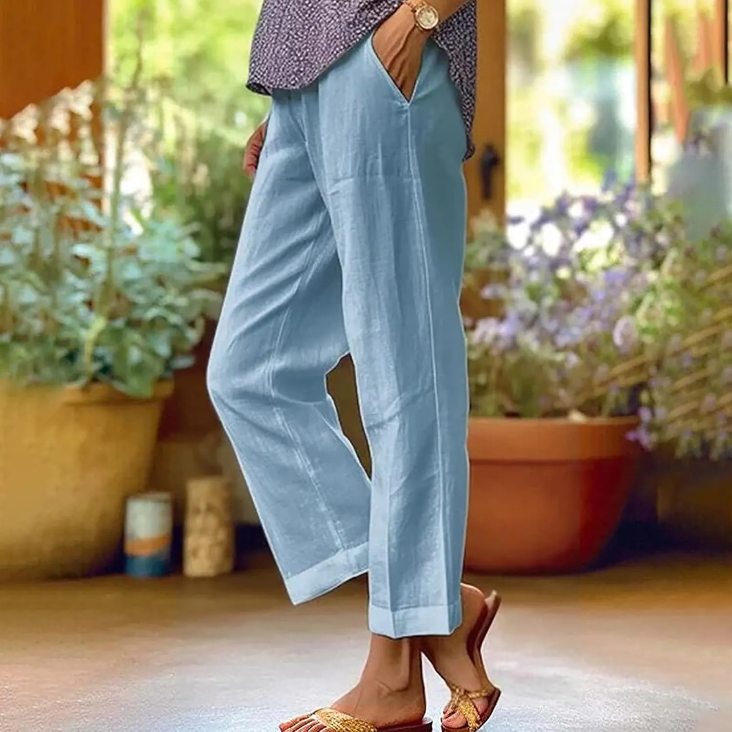 Womens Linen Pants Casual Lightweight Elastic Waist Pants Summer Wide Leg Work Pant Loose Beach Trousers with Pockets