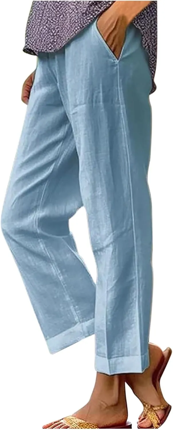 Womens Linen Pants Casual Lightweight Elastic Waist Pants Summer Wide Leg Work Pant Loose Beach Trousers with Pockets