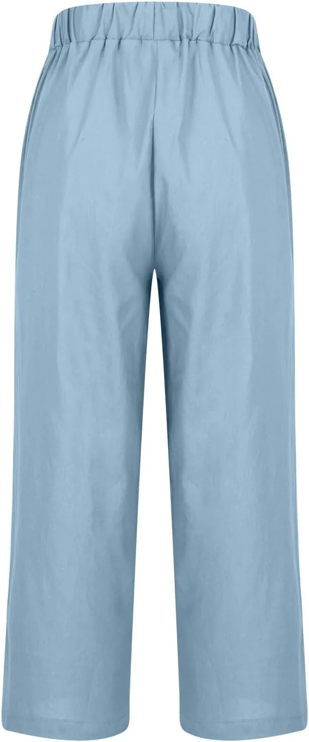 Womens Linen Pants Casual Lightweight Elastic Waist Pants Summer Wide Leg Work Pant Loose Beach Trousers with Pockets