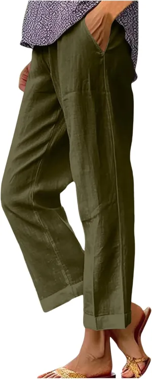 Womens Linen Pants Casual Lightweight Elastic Waist Pants Summer Wide Leg Work Pant Loose Beach Trousers with Pockets