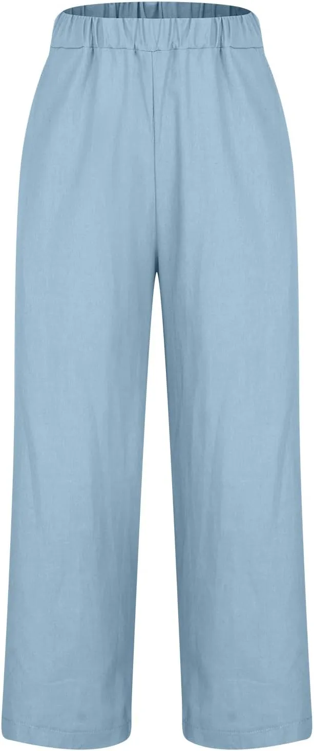Womens Linen Pants Casual Lightweight Elastic Waist Pants Summer Wide Leg Work Pant Loose Beach Trousers with Pockets