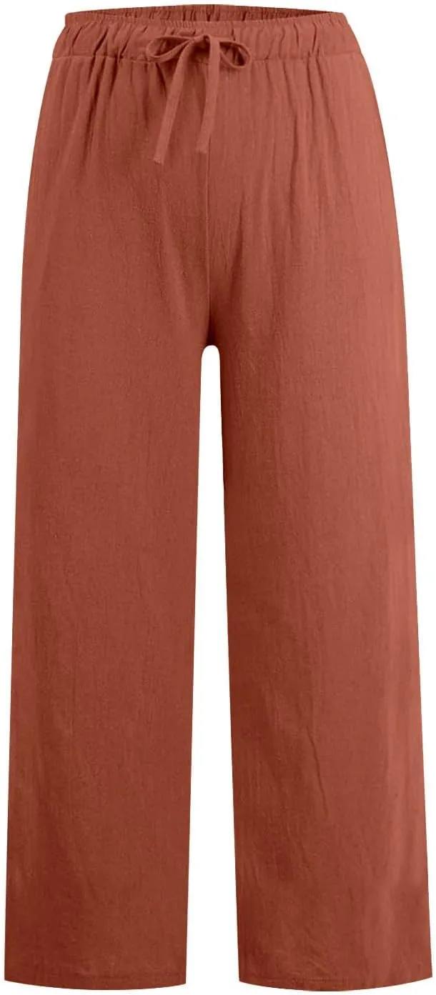 Womens Linen Pants Summer Boho Drawstring Elastic Flowy High Waist Casual Loose Fit Wide Leg Pants