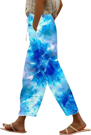 Women's Linen Pants with Pockets Quick Dry Side Hollow Out Cropped Pants Summer Beach Lightweight Elastic Waist Pants
