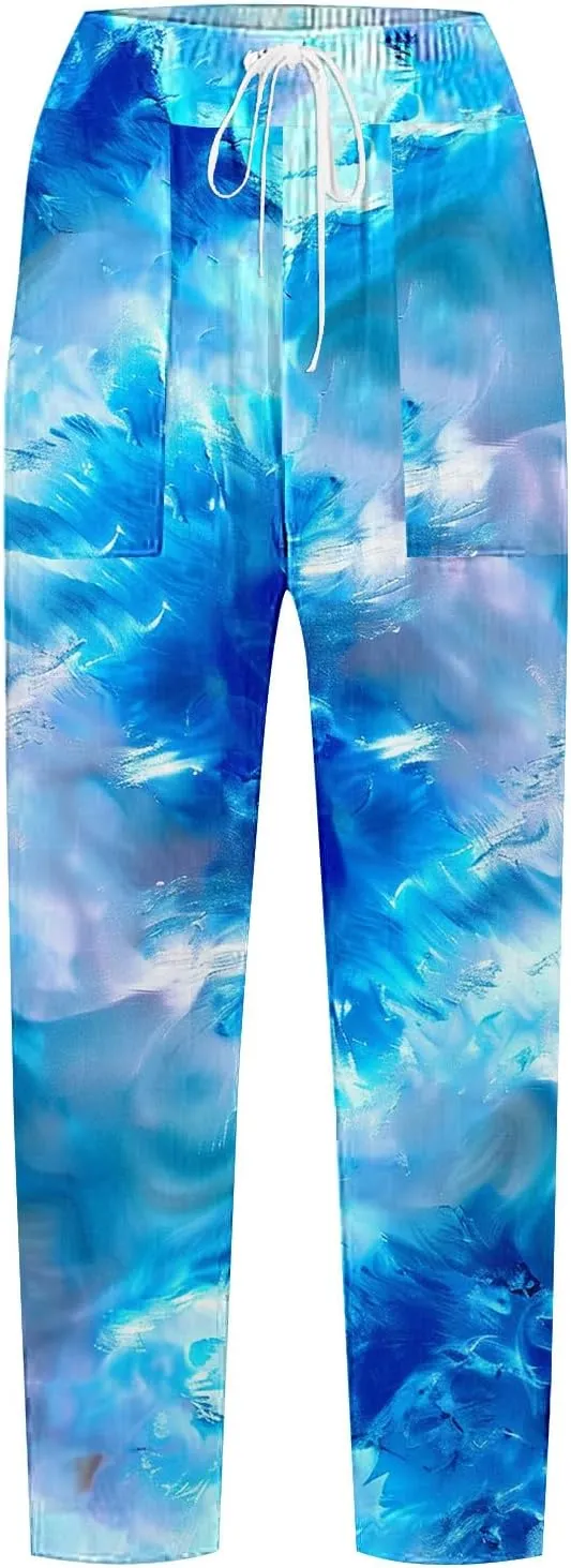 Women's Linen Pants with Pockets Quick Dry Side Hollow Out Cropped Pants Summer Beach Lightweight Elastic Waist Pants