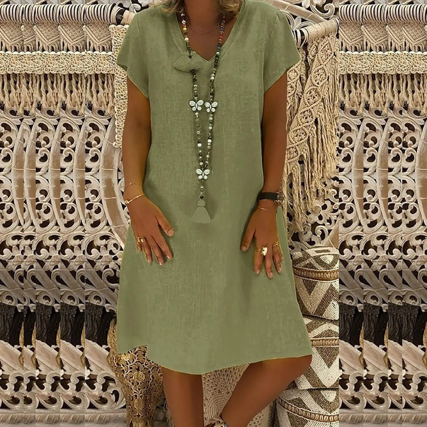 Womens Linen Shirt Dresses Casual Short Sleeve Summer Midi Dress Plus Size V Neck Sundress Beach Vacation Outfits