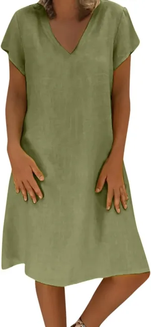 Womens Linen Shirt Dresses Casual Short Sleeve Summer Midi Dress Plus Size V Neck Sundress Beach Vacation Outfits