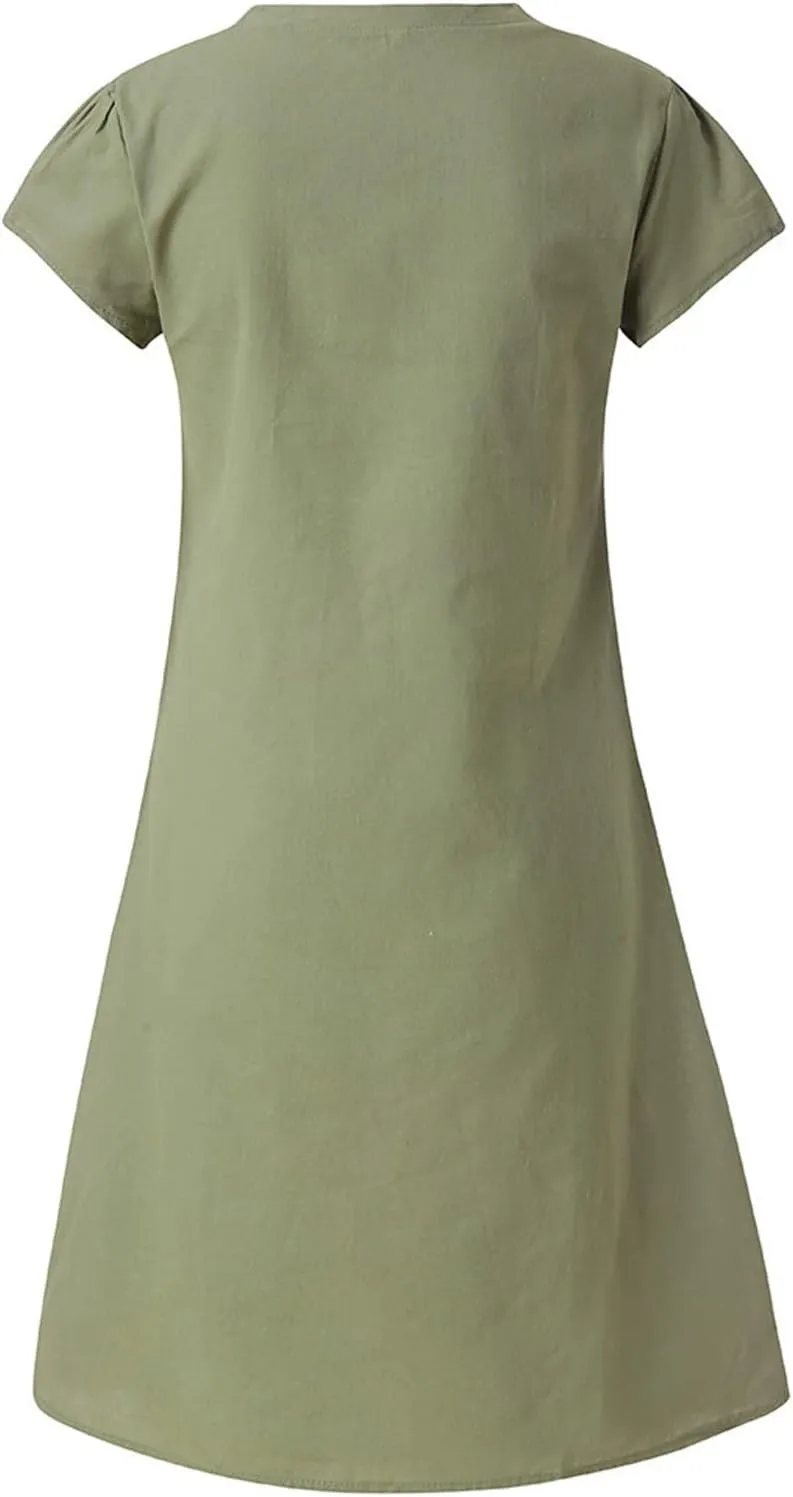 Womens Linen Shirt Dresses Casual Short Sleeve Summer Midi Dress Plus Size V Neck Sundress Beach Vacation Outfits