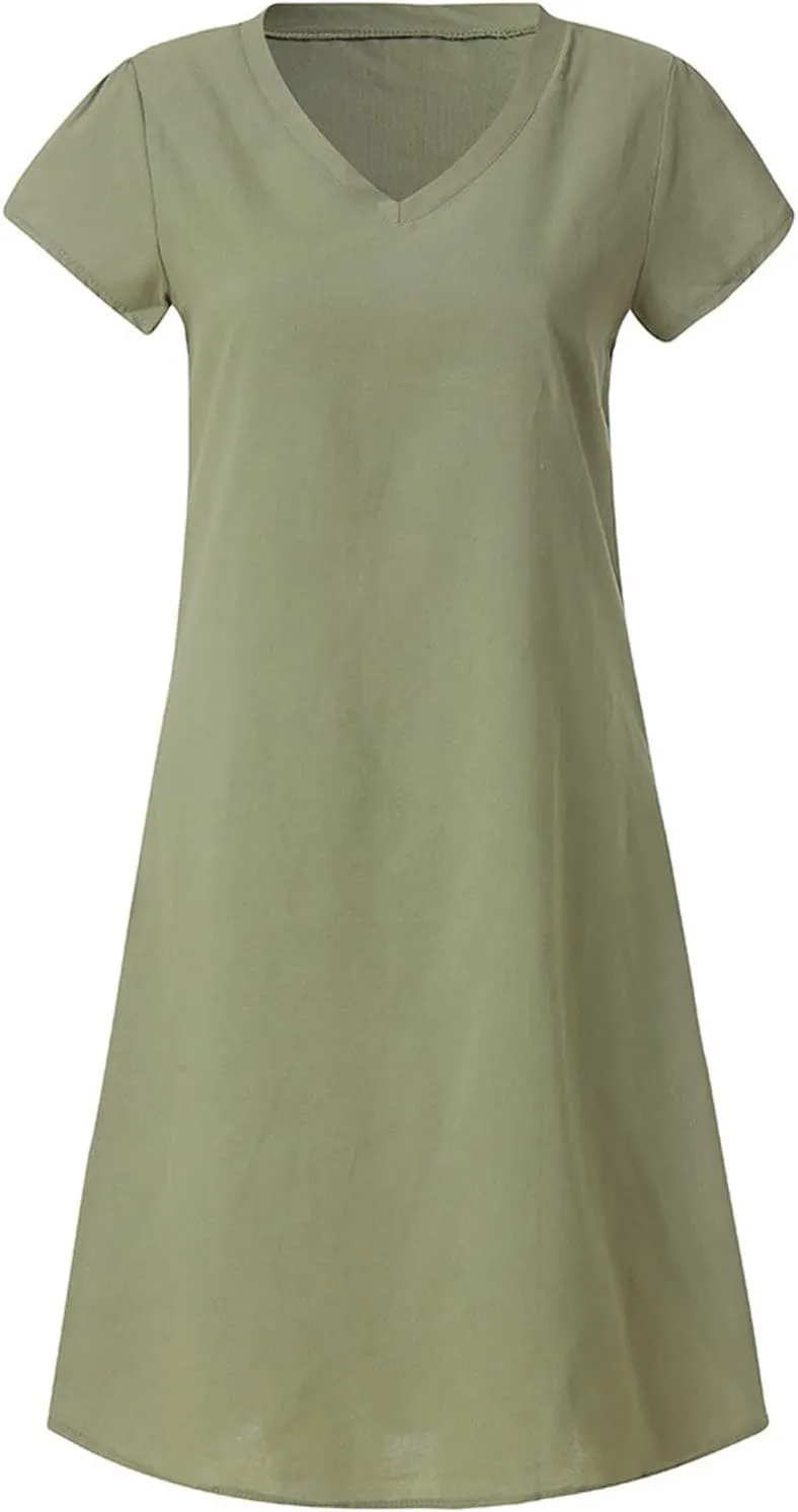 Womens Linen Shirt Dresses Casual Short Sleeve Summer Midi Dress Plus Size V Neck Sundress Beach Vacation Outfits