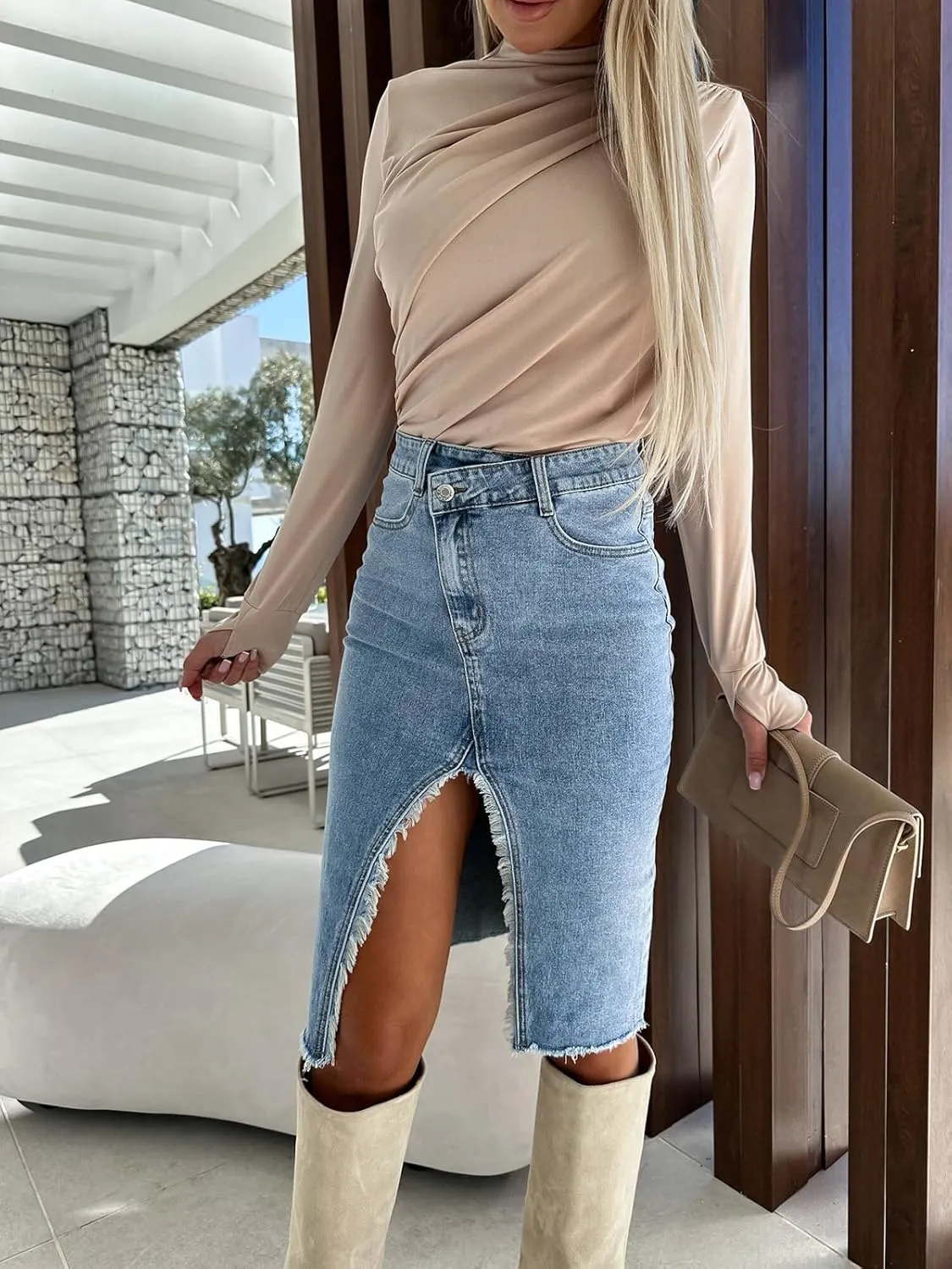 Womens Long Jean Skirt Stretch High Waisted A Line Raw Hem Trendy Denim Midi Skirt for Ladies
