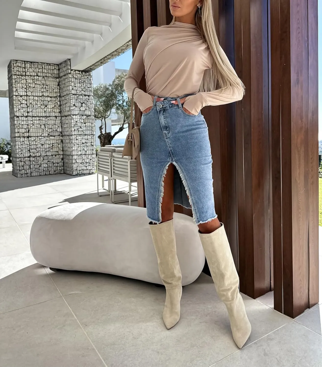 Womens Long Jean Skirt Stretch High Waisted A Line Raw Hem Trendy Denim Midi Skirt for Ladies