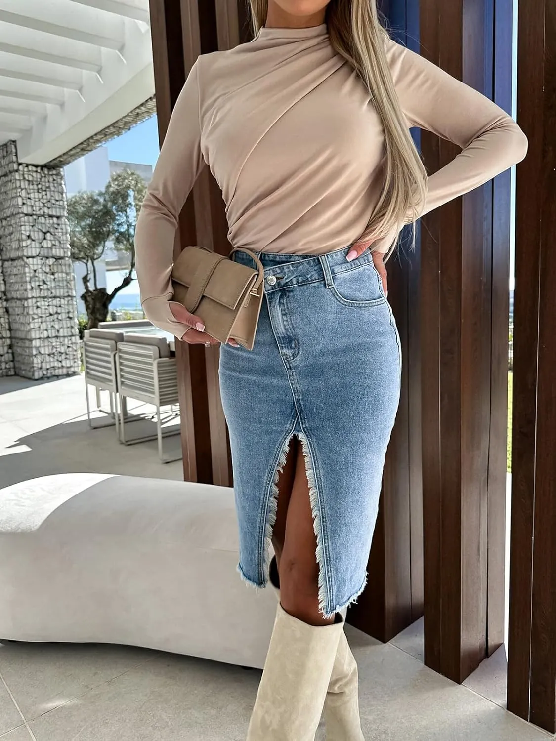 Womens Long Jean Skirt Stretch High Waisted A Line Raw Hem Trendy Denim Midi Skirt for Ladies