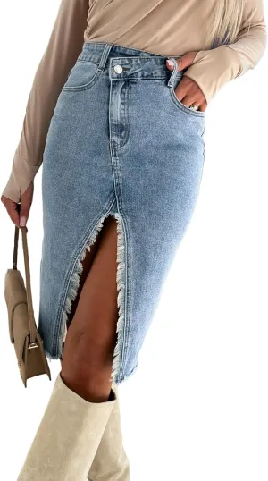 Womens Long Jean Skirt Stretch High Waisted A Line Raw Hem Trendy Denim Midi Skirt for Ladies