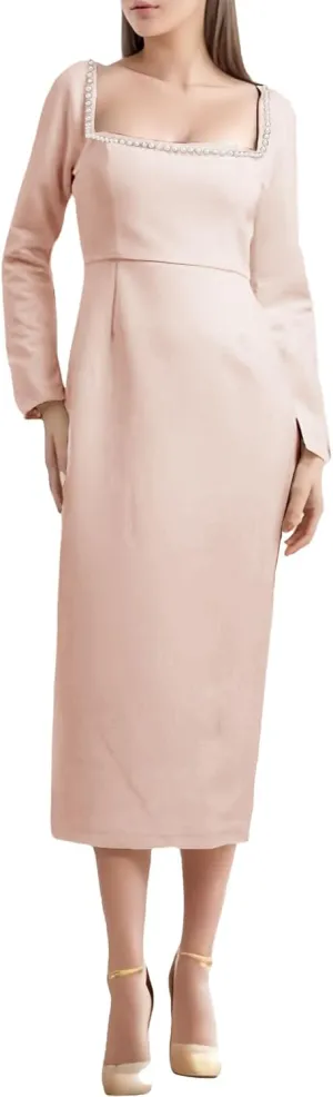 Women's Long Sleeve Wedding Dresses for Brides Square Neck Bridal Gowns Satin Midi Pearl Dress