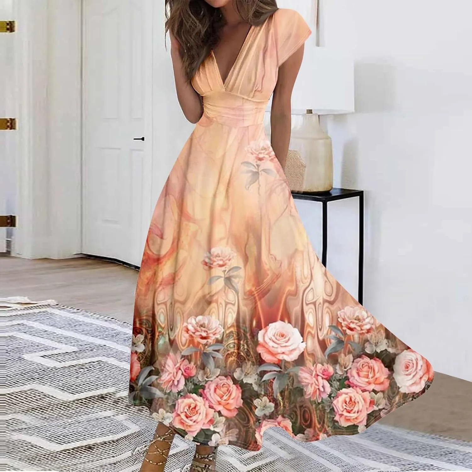 Women's Loose Fit Maxi Dresses Chiffon Daily Swing Casual 2025 Mature Outdoor Fashion Ruffled Short Dress