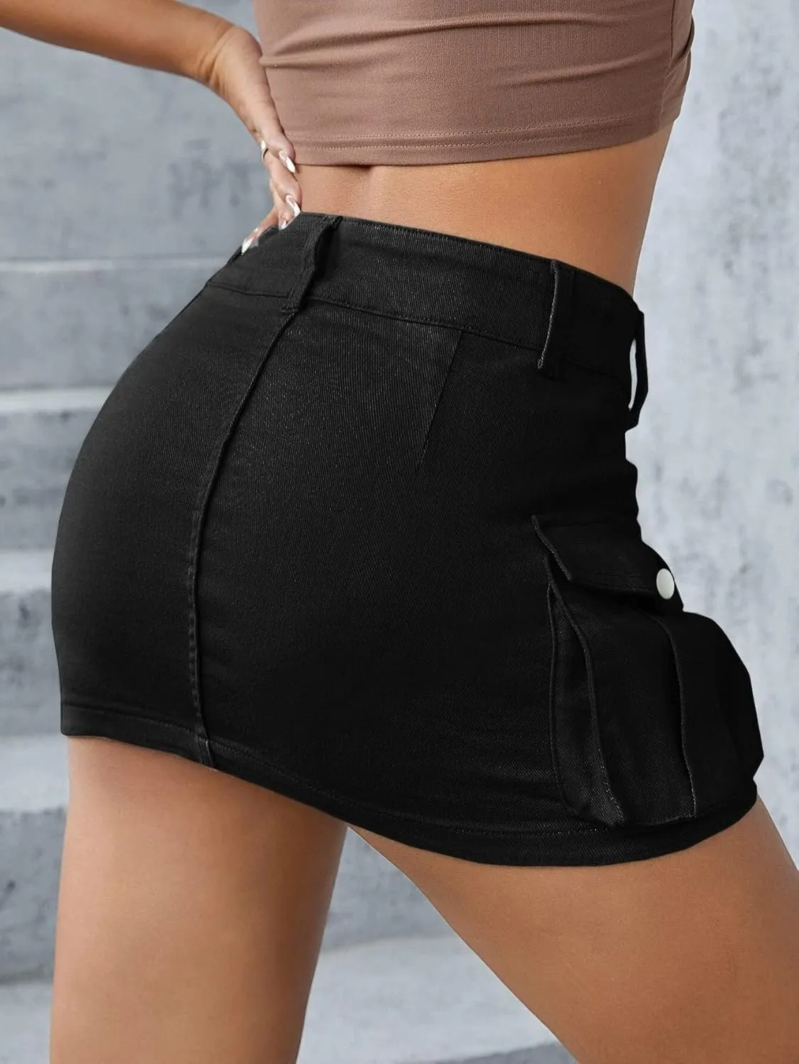 Women's Low Waist Cargo Skirt Button Mini Cargo Denim Skirt with Pocket