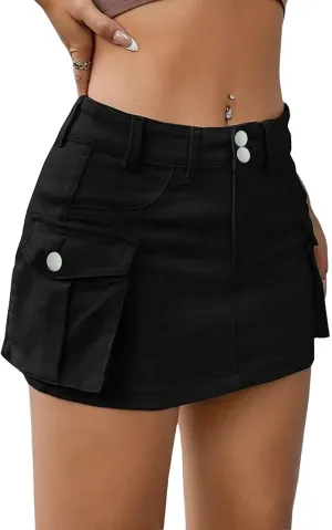 Women's Low Waist Cargo Skirt Button Mini Cargo Denim Skirt with Pocket