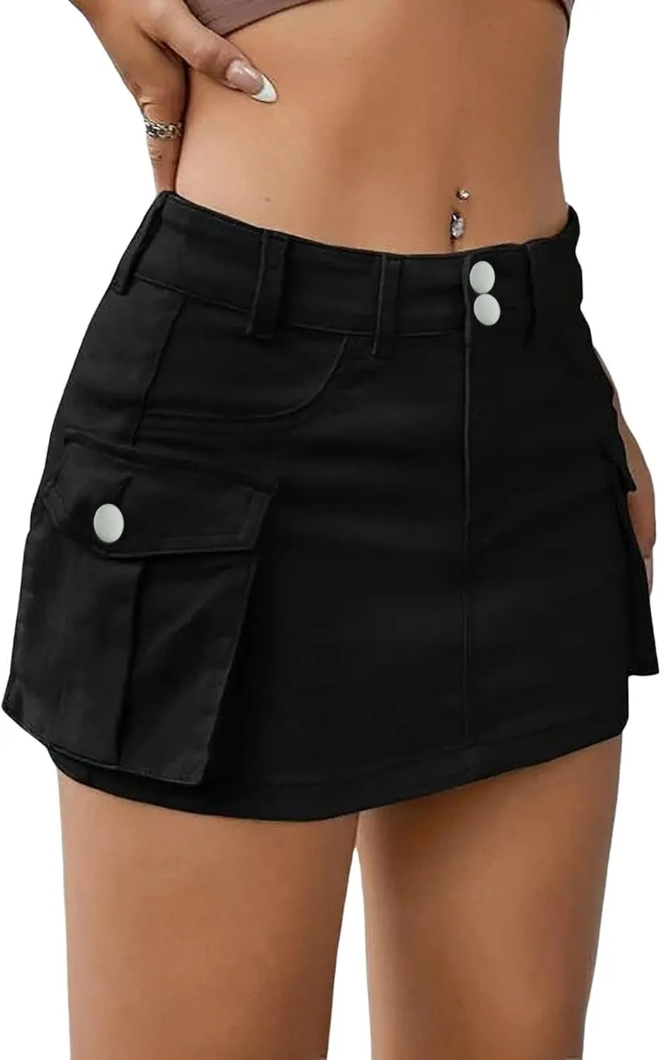 Women's Low Waist Cargo Skirt Button Mini Cargo Denim Skirt with Pocket