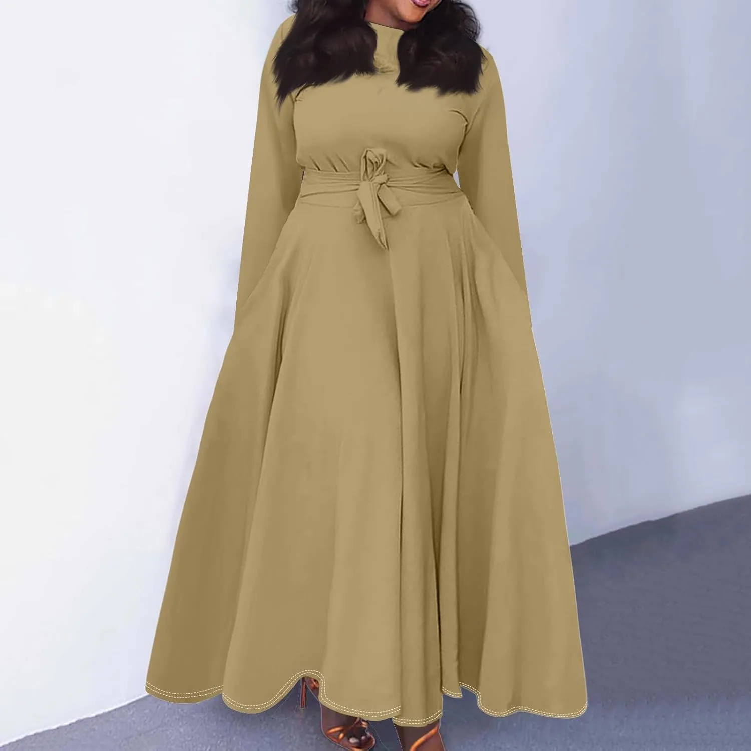 Women's Maxi Dresses 2025 Plus Size Round Neck Long Sleeve with Pockets Straps Big Hem Swing Dress, XL-5XL