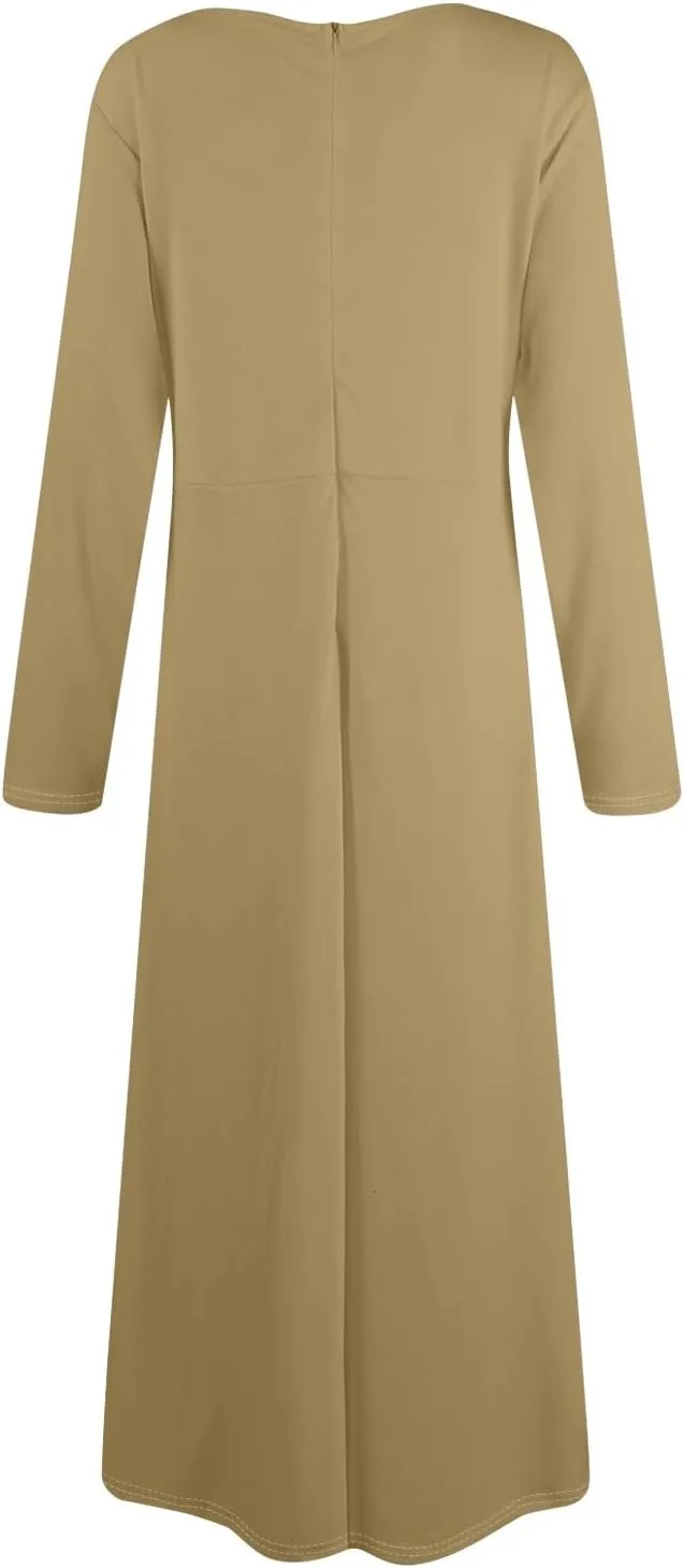 Women's Maxi Dresses 2025 Plus Size Round Neck Long Sleeve with Pockets Straps Big Hem Swing Dress, XL-5XL