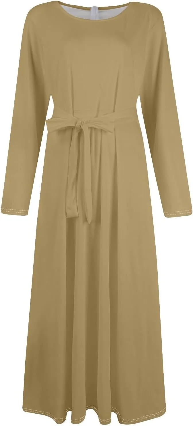 Women's Maxi Dresses 2025 Plus Size Round Neck Long Sleeve with Pockets Straps Big Hem Swing Dress, XL-5XL