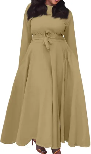 Women's Maxi Dresses 2025 Plus Size Round Neck Long Sleeve with Pockets Straps Big Hem Swing Dress, XL-5XL