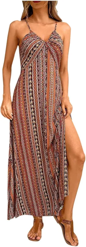 Womens Maxi Dresses Boho Ethnic Style Vintage Floral Dress Sexy V-Neck Sleeveless Side Split Summer Beach Sundress
