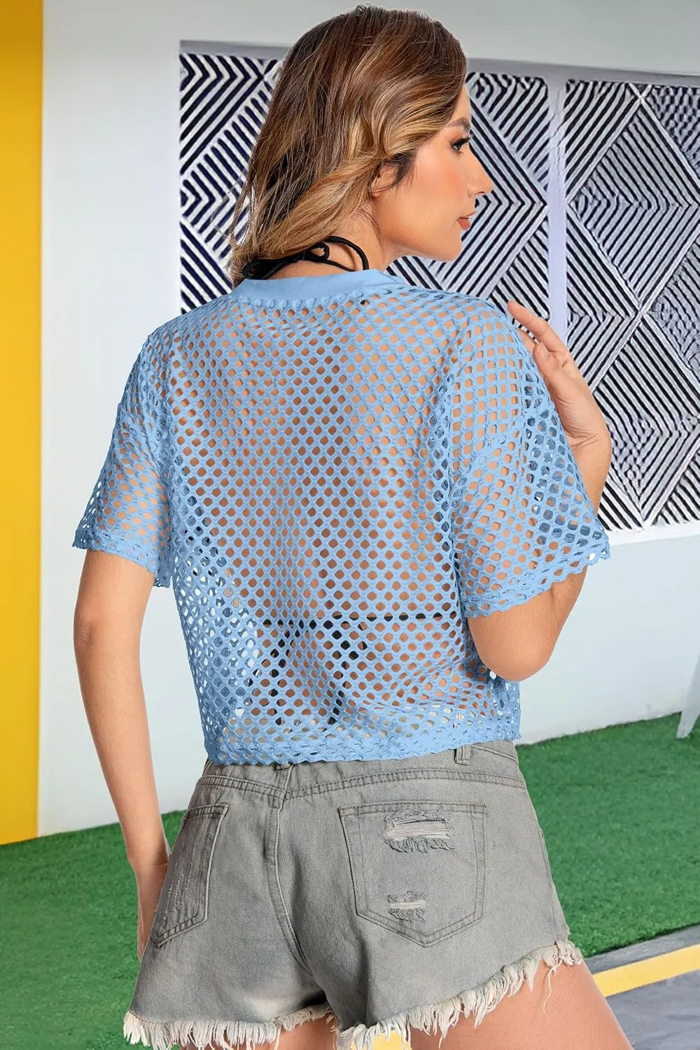 Women's Mesh Top Fishnet T Shirts Sheer Loose Short Sleeve See Through Crop Tops